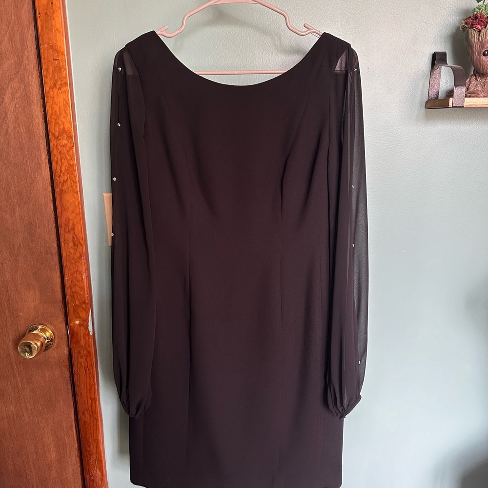 Evan Picone black dress with sheer/rhinestone sleeves size 8